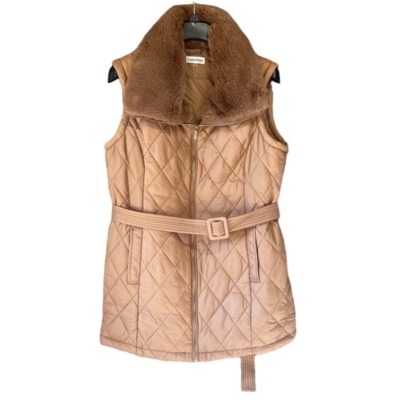NEW [Read] Calvin Klein Quilted Faux Fur Collar Vest W/ Belt in Cafe Ole Sz XS - Picture 1 of 11